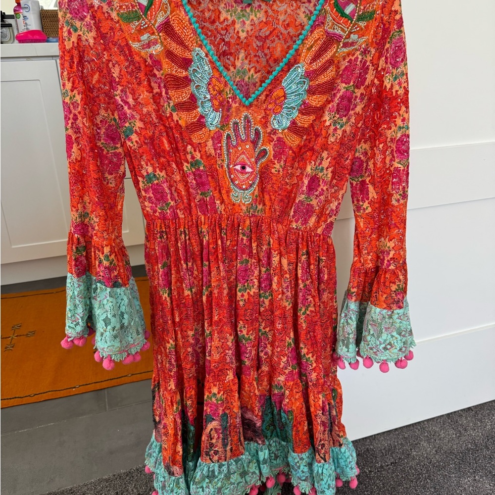 Antica Sartoria Orange Boho Embroidered Floral Beaded Cotton Dress
